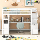 Bellemave® Loft Bed with Desk and Shelves, Two Built - in Drawers, Storage Staircase - Bellemave